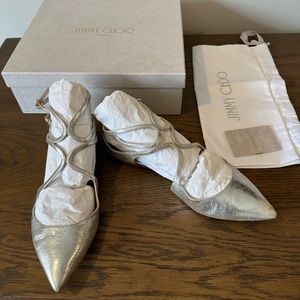 Jimmy Choo Lancer Ankle Strap Flat in Champagne (silver). Size 12/42